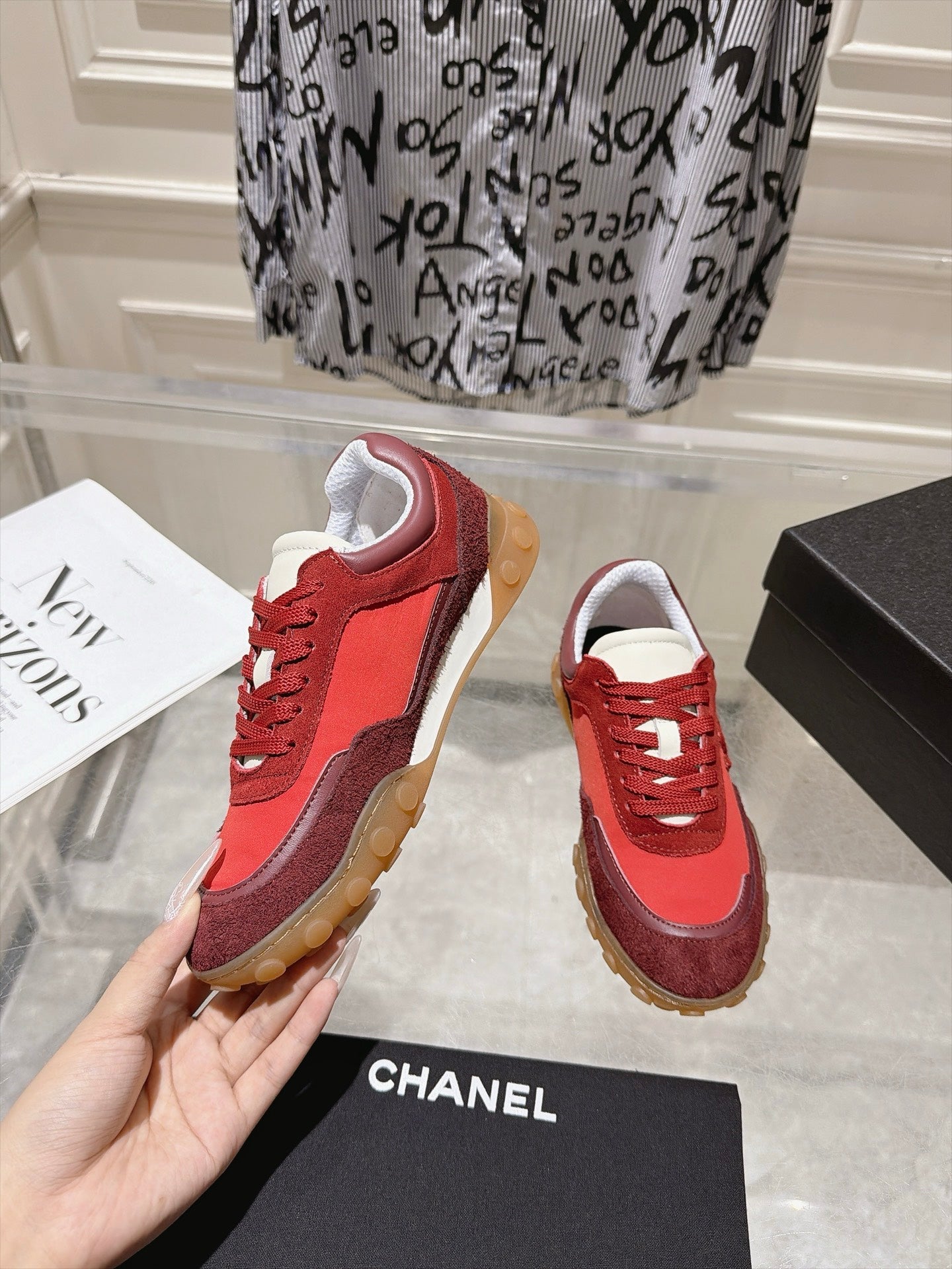 CHANEL 26S LACE UP SNEAKERS IN RED SUEDE ROUND TOE