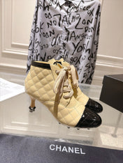 CHANEL 26S HIGH HEEL KNEE HIGH BOOTS 70 MM IN BEIGE LAMBSKIN AND BLACK PATENT CALFSKIN
