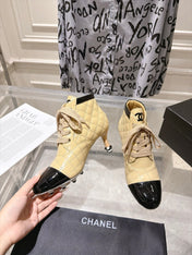 CHANEL 26S HIGH HEEL KNEE HIGH BOOTS 70 MM IN BEIGE LAMBSKIN AND BLACK PATENT CALFSKIN