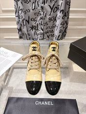 CHANEL 26S HIGH HEEL KNEE HIGH BOOTS 70 MM IN BEIGE LAMBSKIN AND BLACK PATENT CALFSKIN