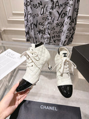 CHANEL 26S HIGH HEEL KNEE HIGH BOOTS 70 MM IN WHITE LAMBSKIN AND BLACK PATENT CALFSKIN