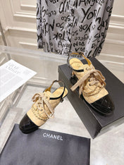 CHANEL 26S SLINGBACK HIGH HEEL SHOES 70 MM IN BEIGE LAMBSKIN AND BLACK PATENT CALFSKIN