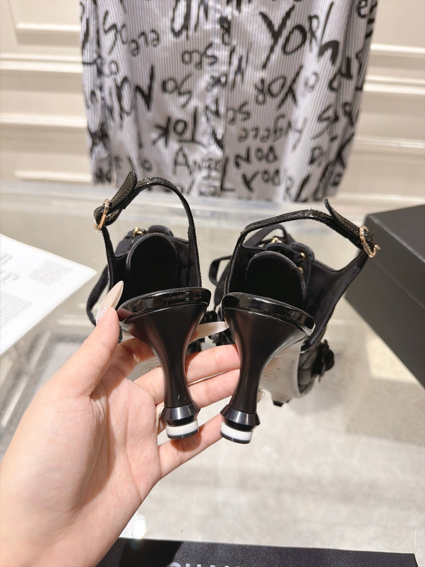 CHANEL 26S SLINGBACK HIGH HEEL SHOES 70 MM IN BLACK LAMBSKIN AND PATENT CALFSKIN