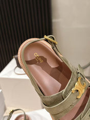 CELINE 25S TIPPI TRIOMPHE SANDAL IN DARK OLIVE CALFSKIN SUEDE