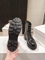 CELINE 25S HIGH HEELED LACE UP BOOTS 50MM IN BLACK CALFSKIN