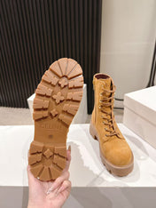 CELINE 25S HIGH HEELED LACE UP BOOTS 50MM IN DARK ORANGE SUEDE