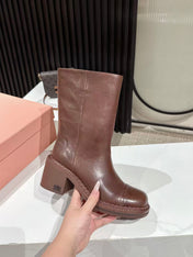MIUMIU 26S PLATFORM HIGH-HEEL BOOTS 50MM IN BROWN GLOSSY CALFSKIN