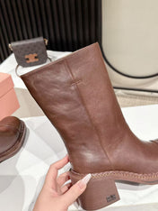 MIUMIU 26S PLATFORM HIGH-HEEL BOOTS 50MM IN BROWN GLOSSY CALFSKIN