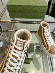 GG HIGH TOP SNEAKER IN CAMEL BROWN CANVAS WITH BEIGE FLEECE LINING