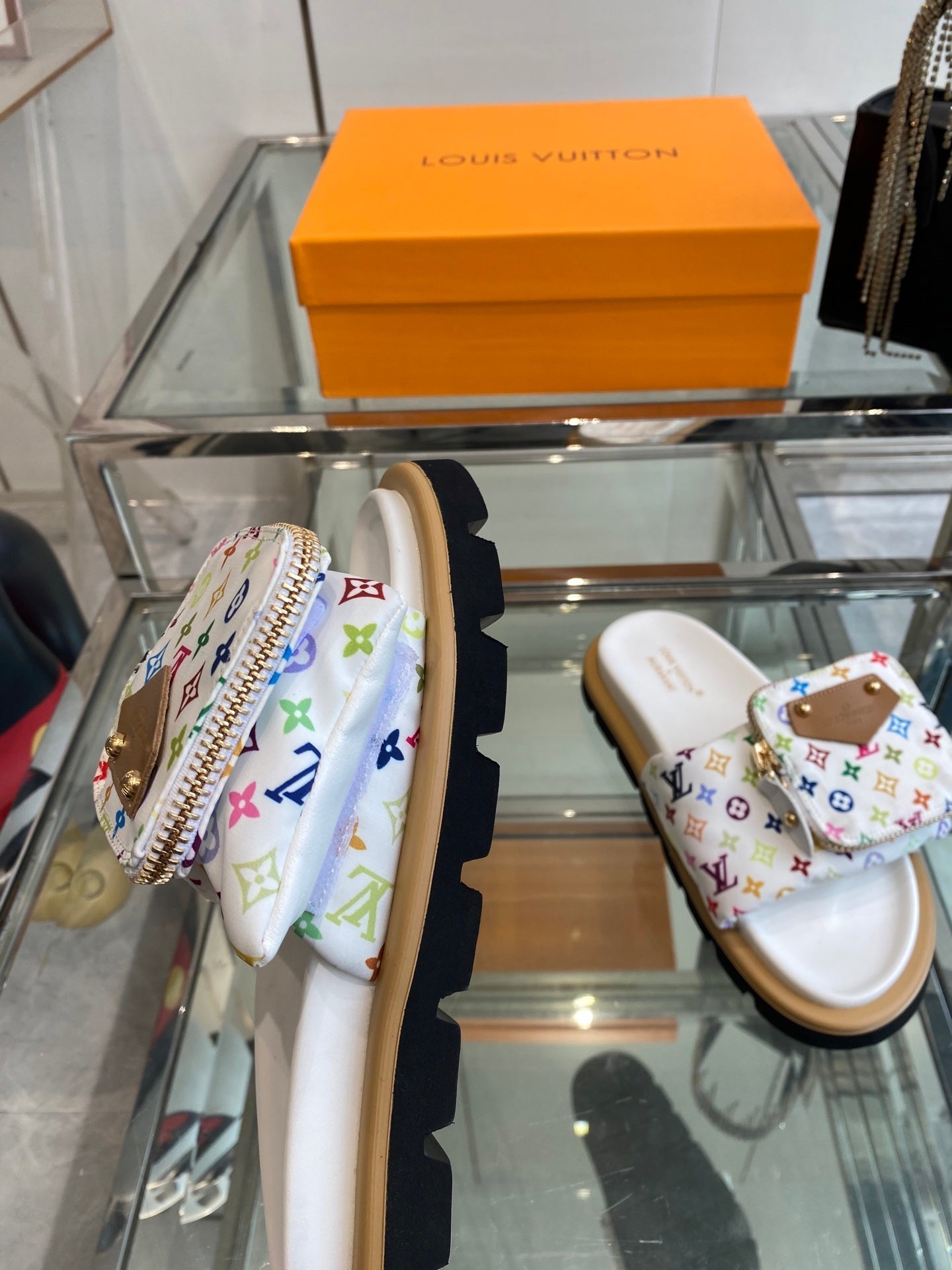 LV x TAKASHI MURAKAMI SLIDES IN MULTICOLOR FABRIC WITH ZIP POCKET STRAP