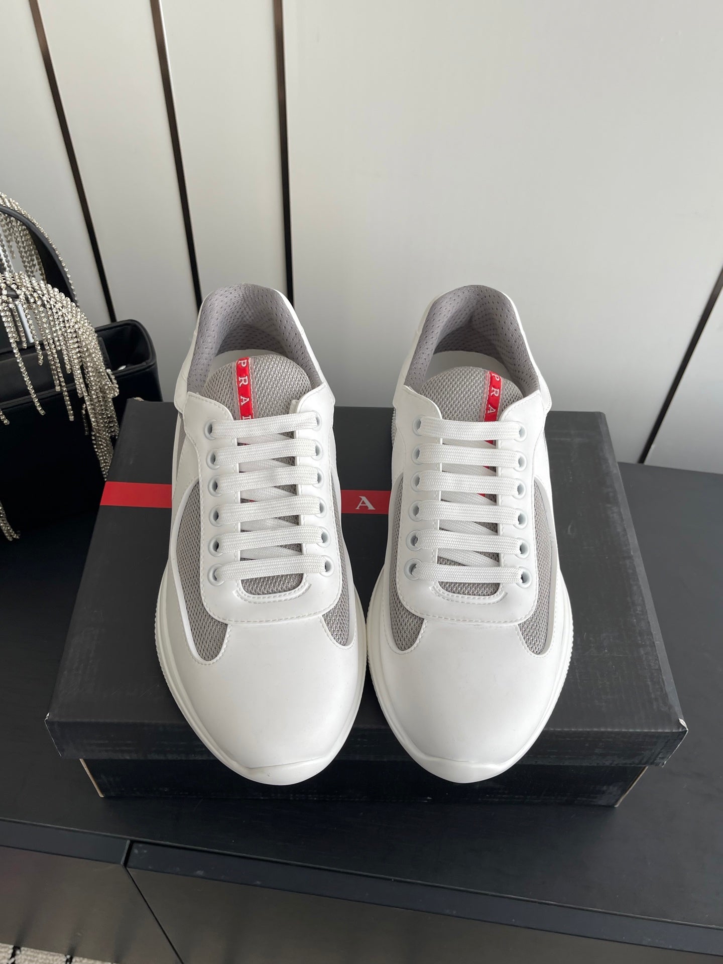 PRADA 26S AMERICA CUP SNEAKERS IN WHITE SOFT RUBBER AND BIKE FABRIC
