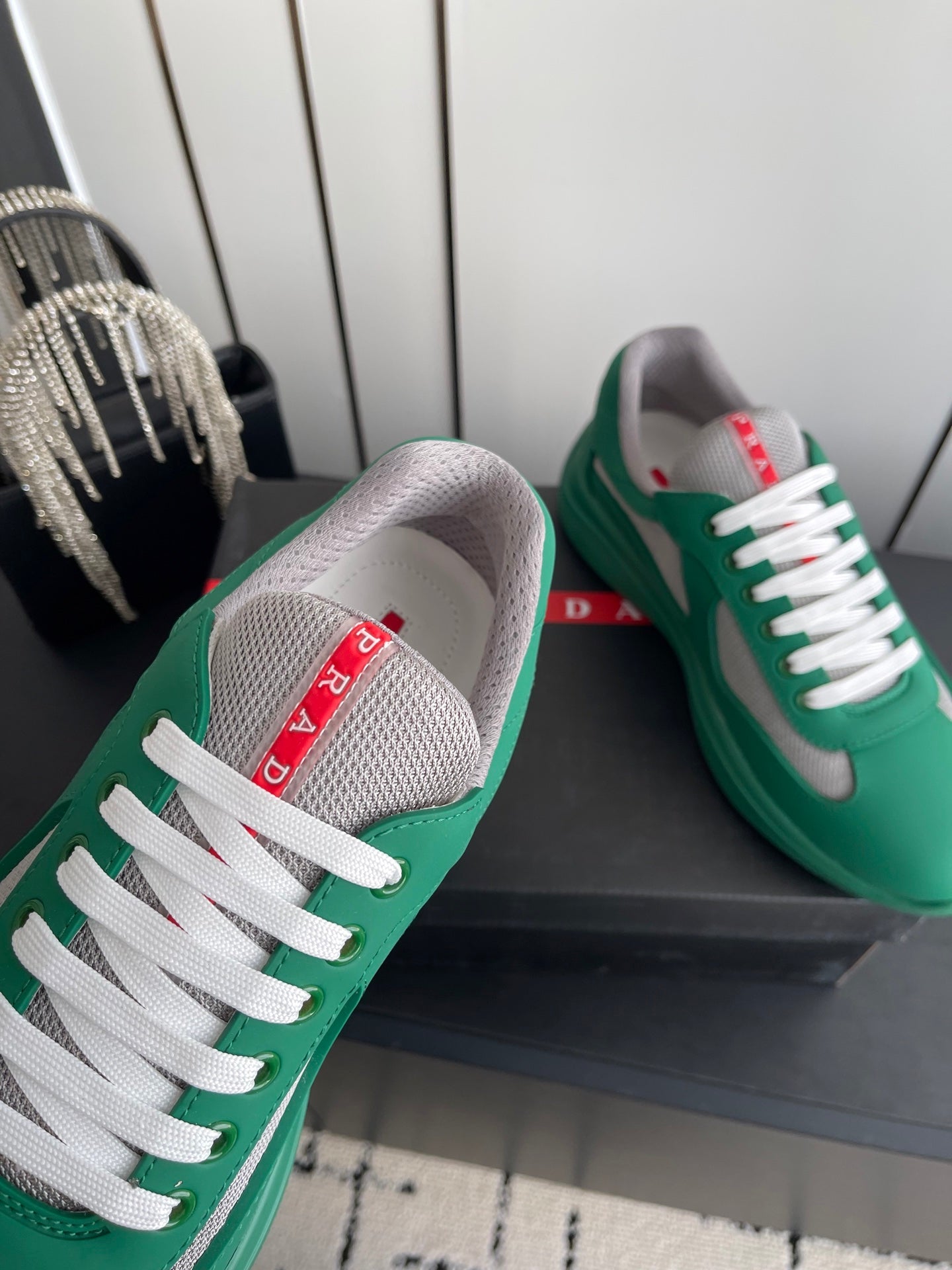 PRADA 26S AMERICA CUP SNEAKERS IN TEAL GREEN SOFT RUBBER AND BIKE FABRIC