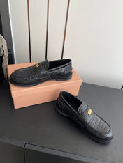 MIUMIU 26S PENNY LOAFERS IN BLACK CALFSKIN CROCODILE EMBOSSING