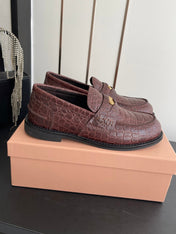 MIUMIU 26S PENNY LOAFERS IN DARK MAHOGANY BROWN CALFSKIN CROCODILE EMBOSSING