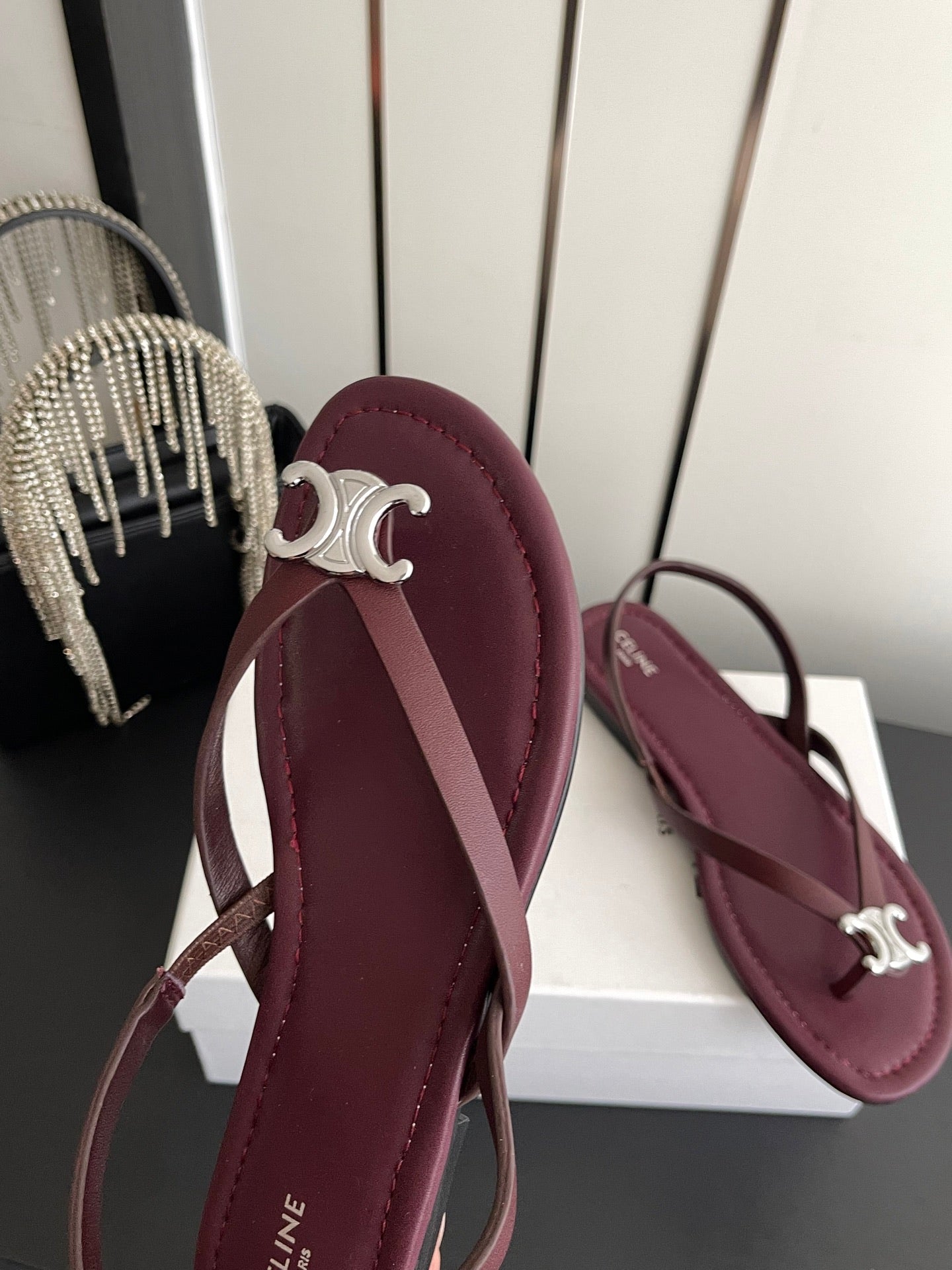 CELINE 26S THONG SANDALS IN DARK RED CALFSKIN