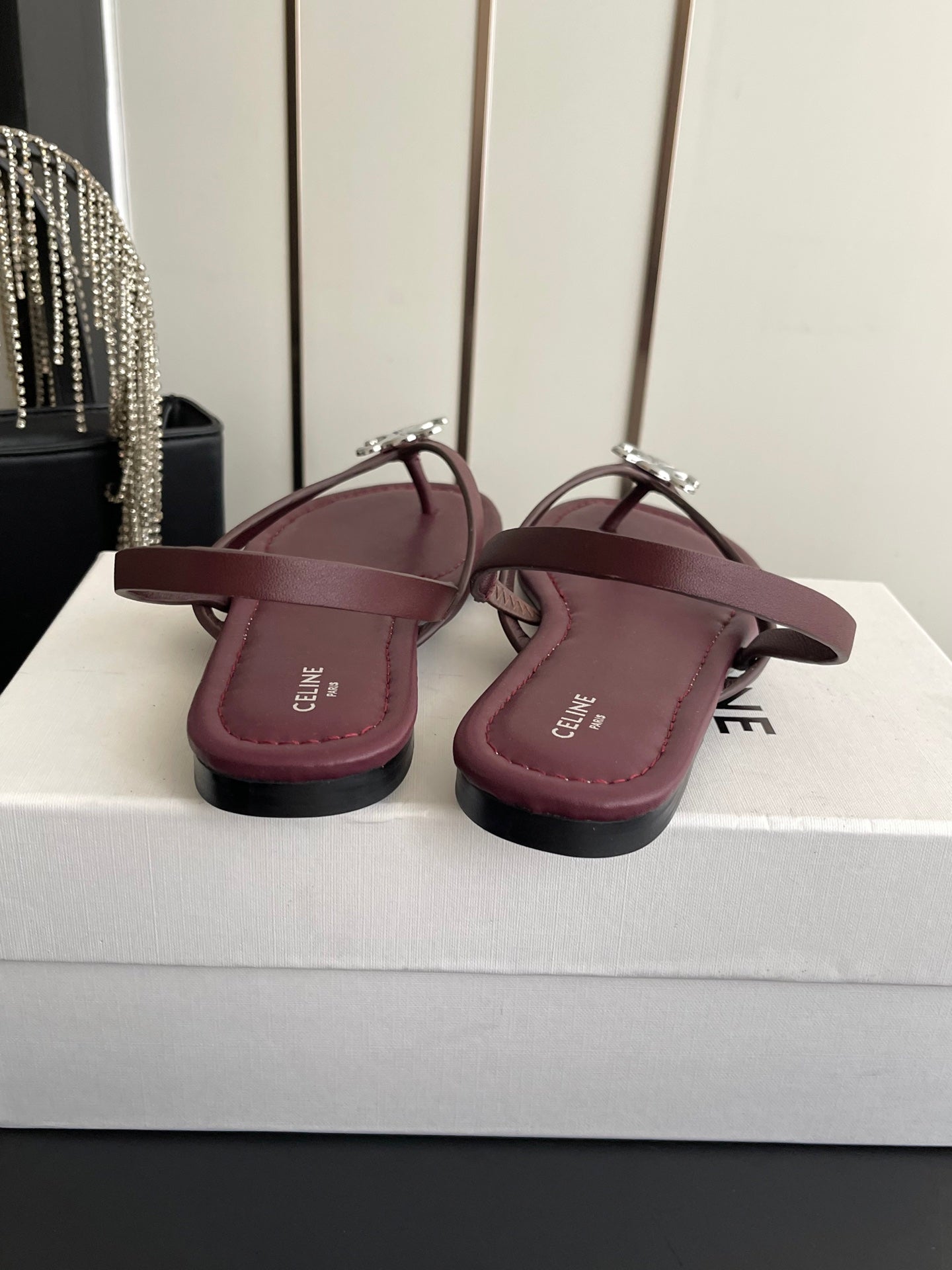 CELINE 26S THONG SANDALS IN DARK RED CALFSKIN