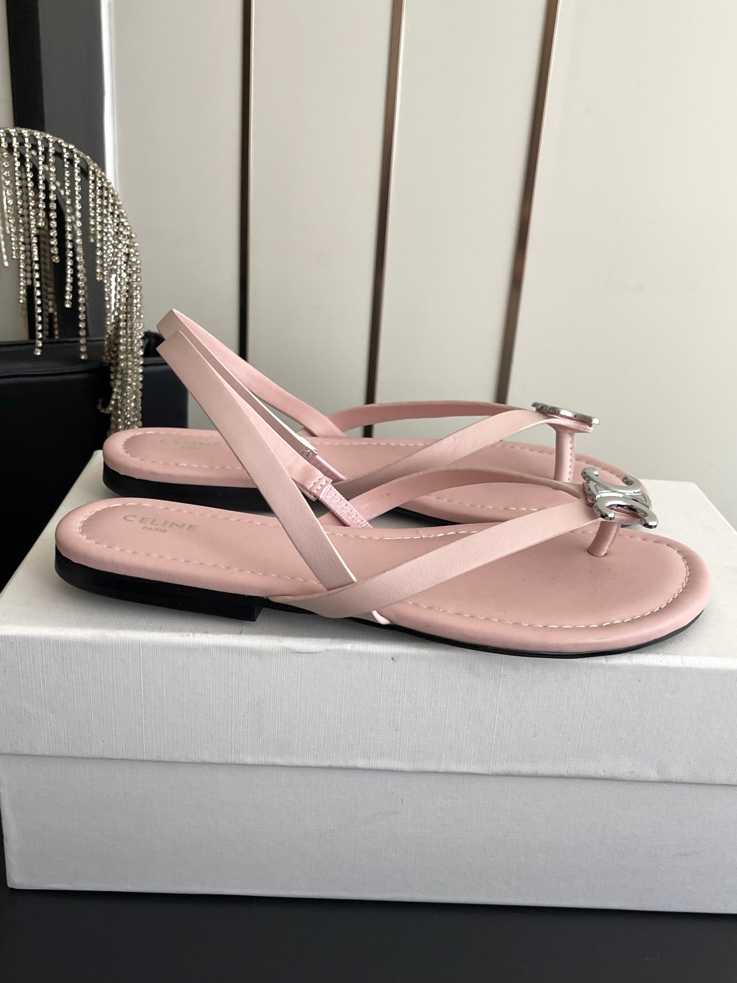 CELINE 26S THONG SANDALS IN LIGHT PINK CALFSKIN