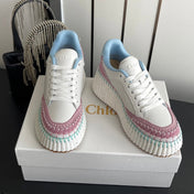 CHLOE 26S LACE-UP SNEAKERS IN WHITE CALFSKIN MIX PINK SUEDE