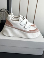CHLOE 26S PLATFORM SNEAKERS IN WHITE AND LIGHT PINK CALFSKIN