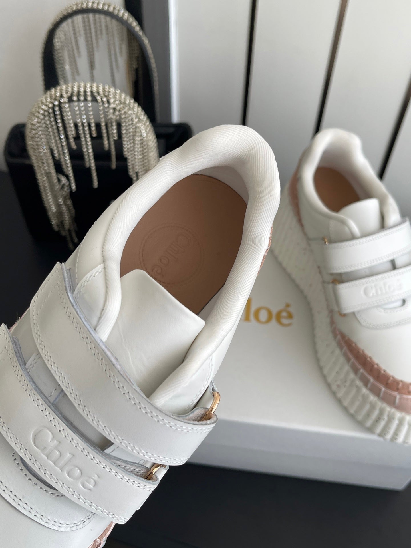 CHLOE 26S PLATFORM SNEAKERS IN WHITE AND LIGHT PINK CALFSKIN