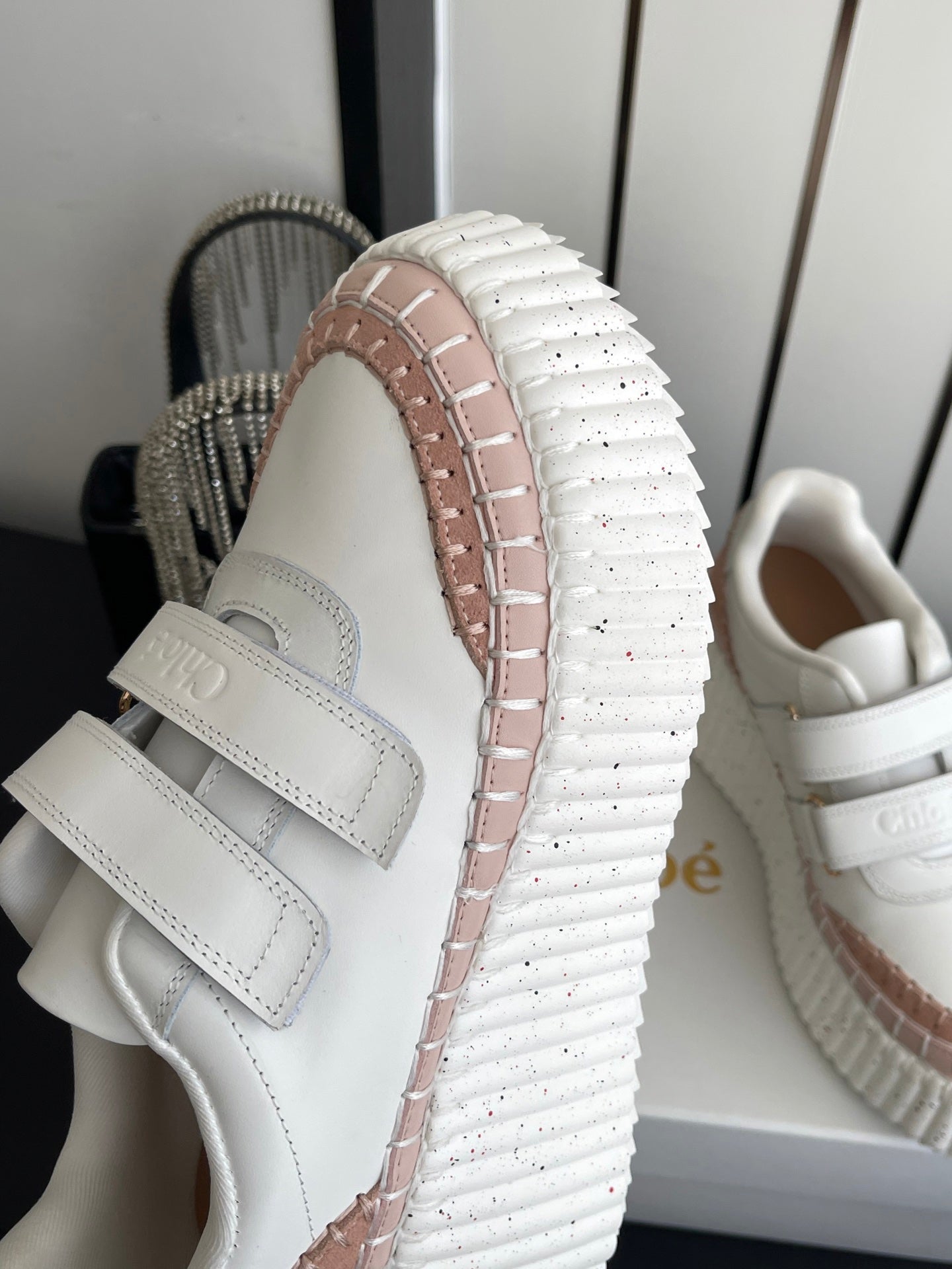 CHLOE 26S PLATFORM SNEAKERS IN WHITE AND LIGHT PINK CALFSKIN