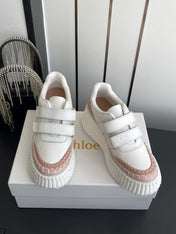 CHLOE 26S PLATFORM SNEAKERS IN WHITE AND LIGHT PINK CALFSKIN