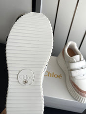 CHLOE 26S PLATFORM SNEAKERS IN WHITE AND LIGHT PINK CALFSKIN