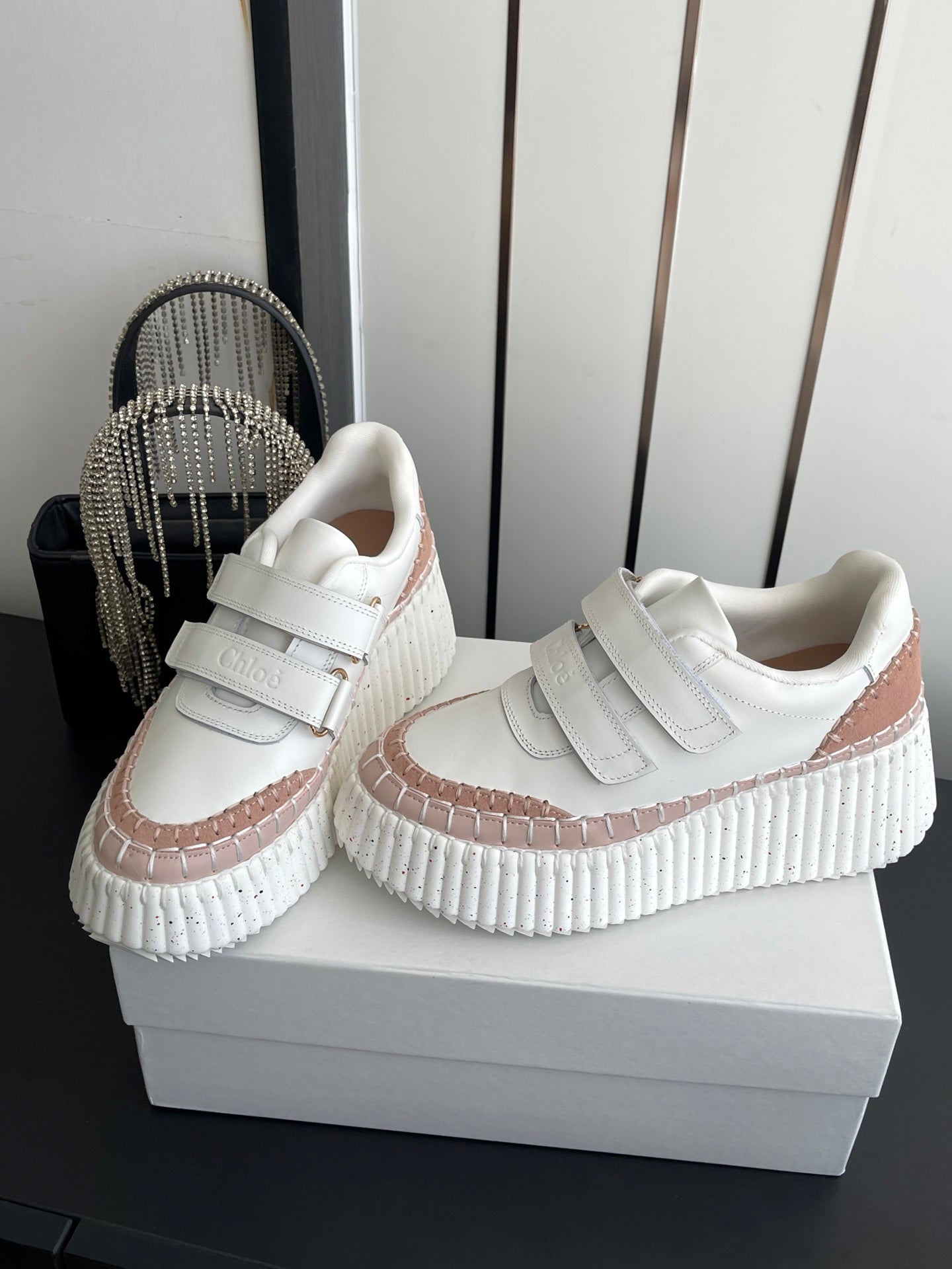 CHLOE 26S PLATFORM SNEAKERS IN WHITE AND LIGHT PINK CALFSKIN