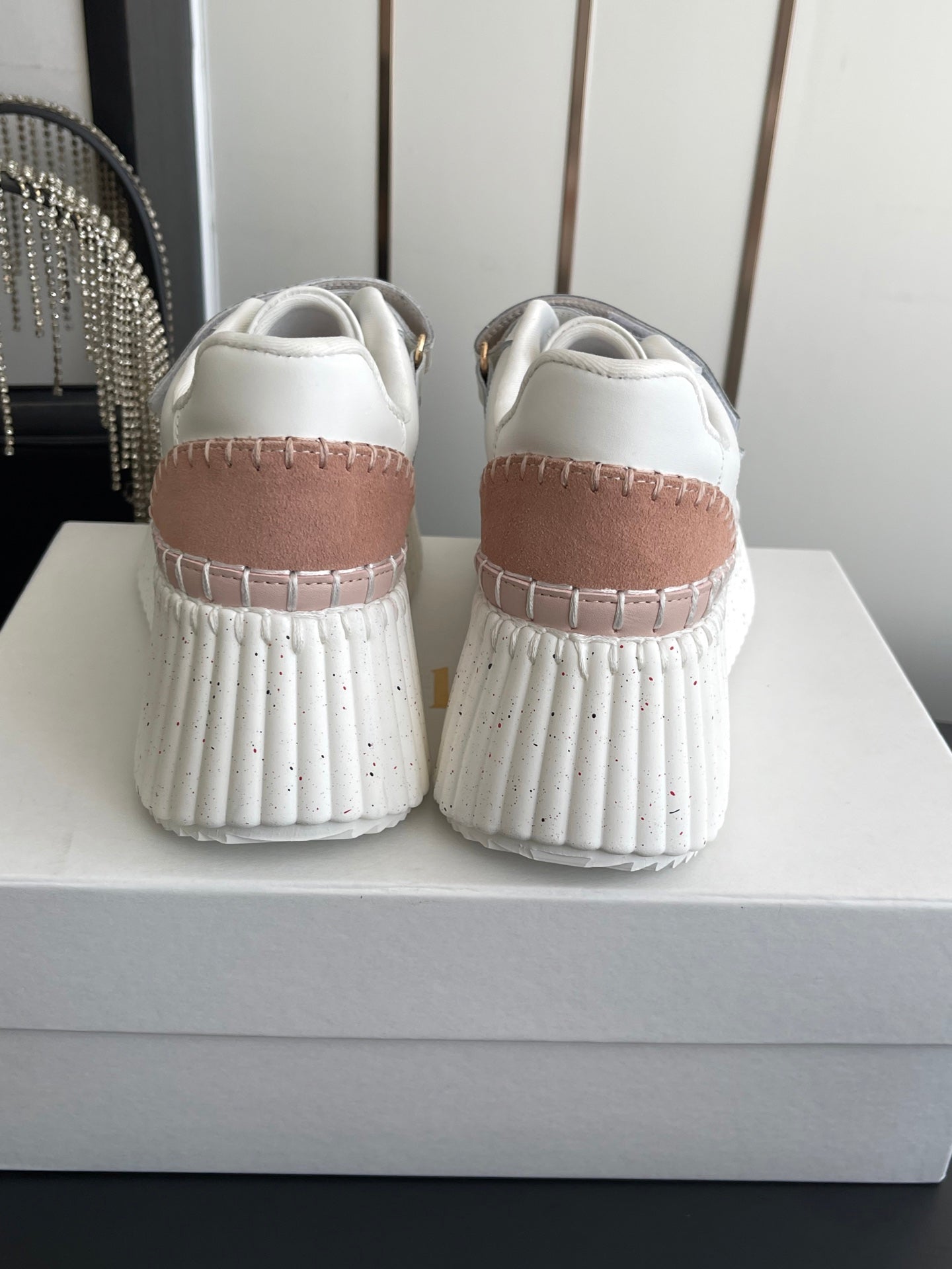 CHLOE 26S PLATFORM SNEAKERS IN WHITE AND LIGHT PINK CALFSKIN
