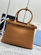 PRADA 25S BUCKLE MEDIUM HANDBAG 35 IN DARK CARAMEL CALFSKIN GOLD HARDWARE