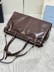 PRADA 25S BONNIE LARGE HANDBAG 38 IN DARK BROWN GLOSSY CALFSKIN GOLD HARDWRE