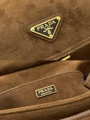 PRADA 25S EXPLORE MEDIUM SHOULDER BAG 30 IN CINNAMON SUEDE WITH FLAP