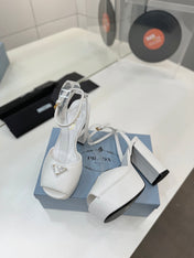 PRADA 26S HEELED SANDALS 115MM IN WHITE CALFSKIN WITH LOGO