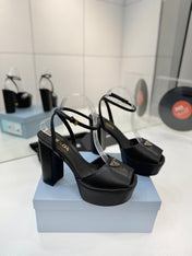PRADA 26S HEELED SANDALS 115MM IN BLACK CALFSKIN WITH LOGO