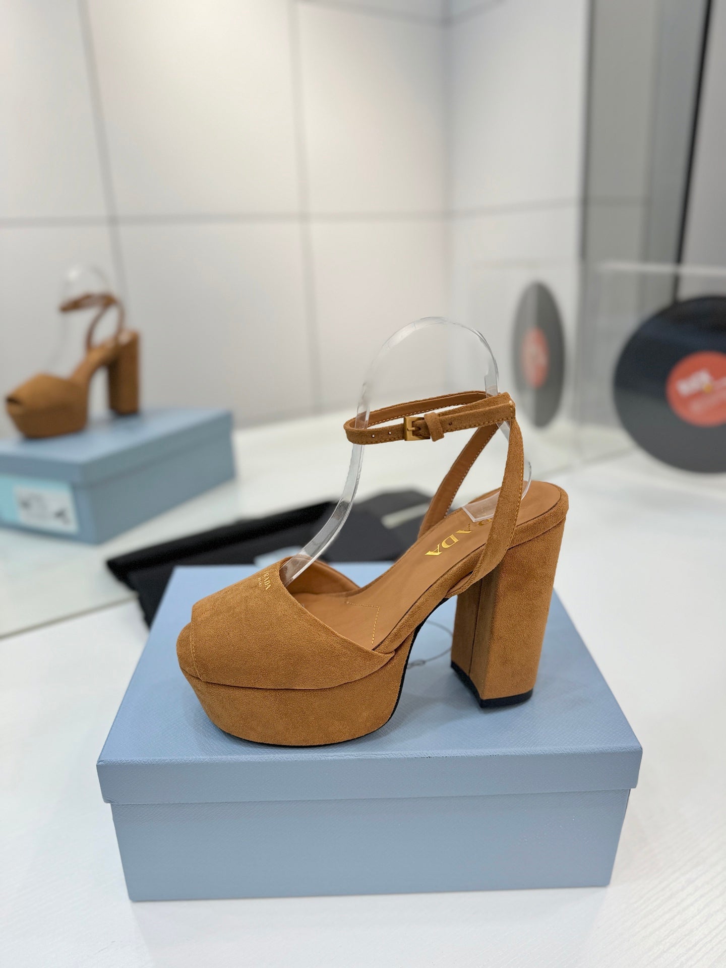 PRADA 26S HEELED SANDALS 115MM IN CARAMEL BROWN SUEDE
