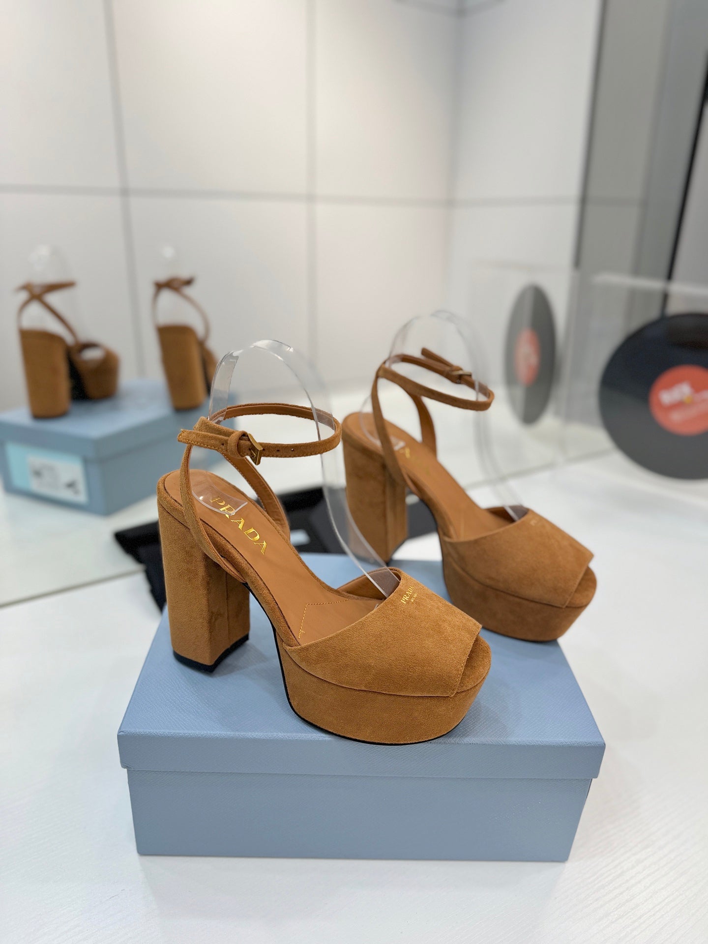 PRADA 26S HEELED SANDALS 115MM IN CARAMEL BROWN SUEDE