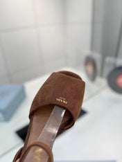 PRADA 26S HEELED SANDALS 115MM IN DARK BROWN SUEDE