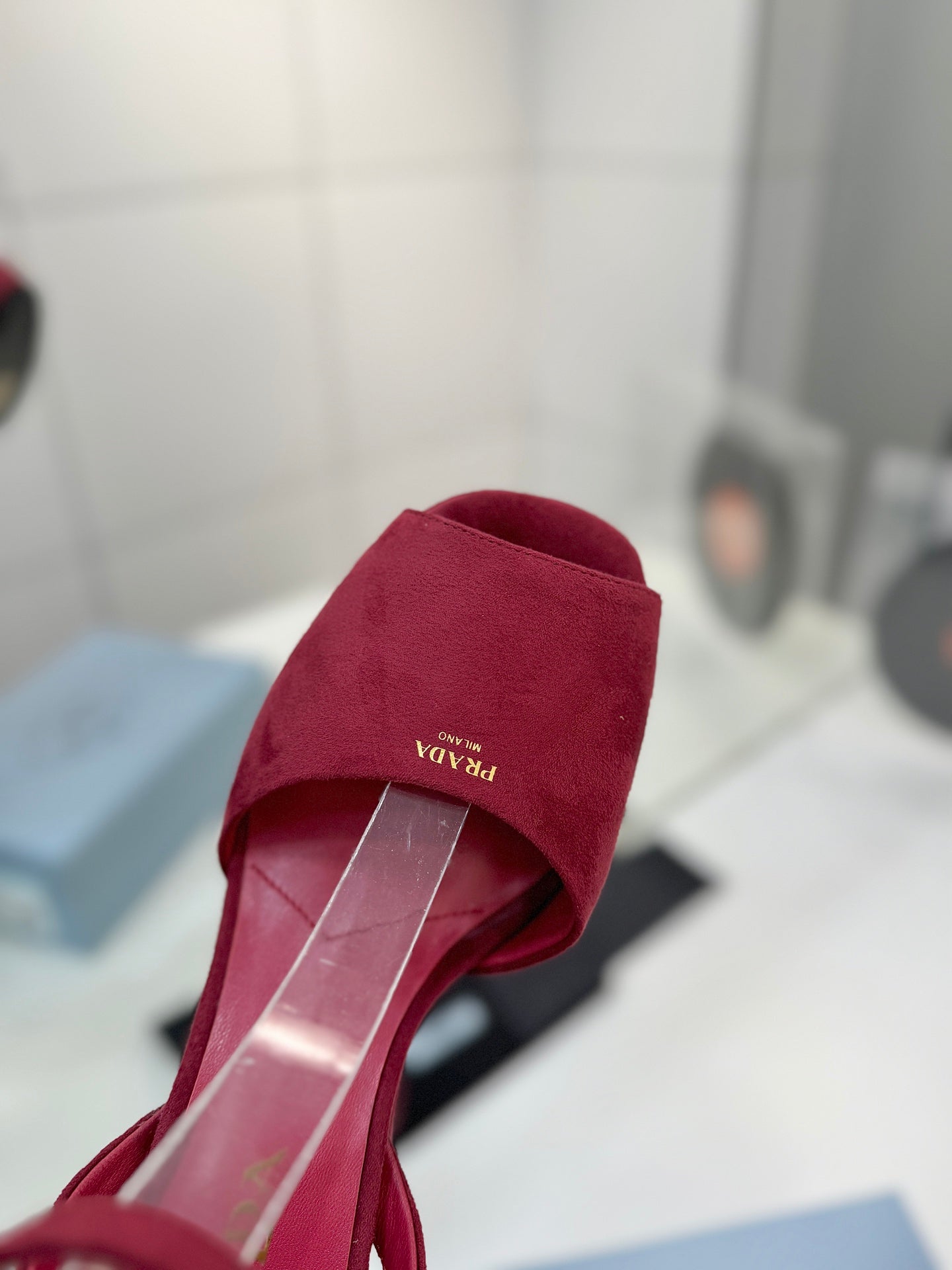 PRADA 26S HEELED SANDALS 115MM IN BURGUNDY RED SUEDE