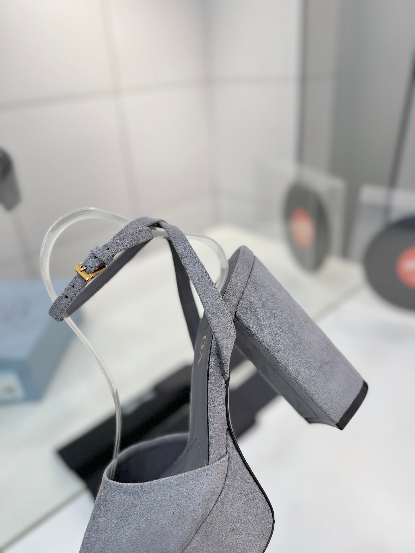 PRADA 26S HEELED SANDALS 115MM IN GRAY SUEDE