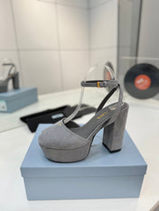 PRADA 26S HEELED SANDALS 115MM IN GRAY SUEDE