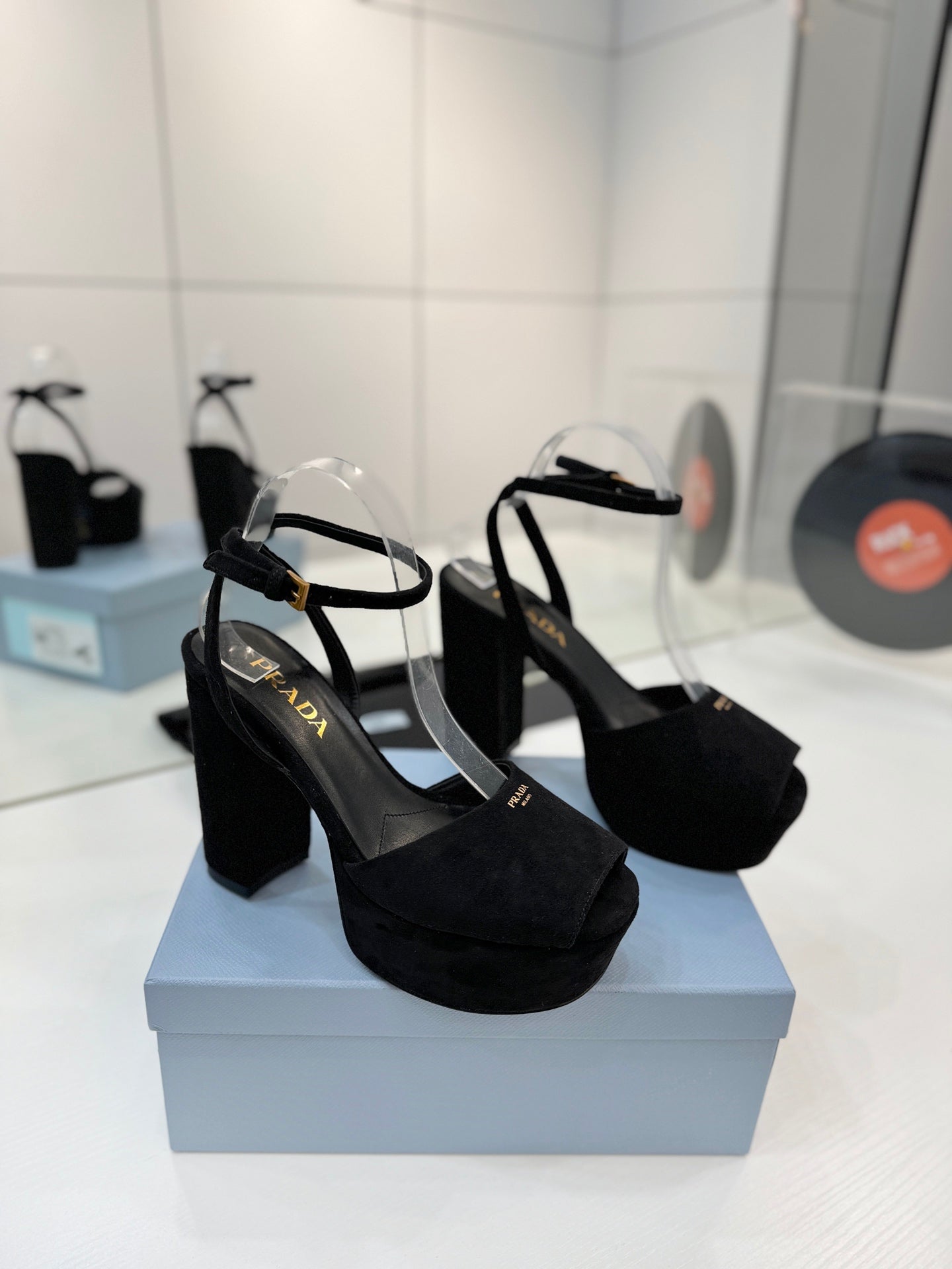 PRADA 26S HEELED SANDALS 115MM IN BLACK SUEDE