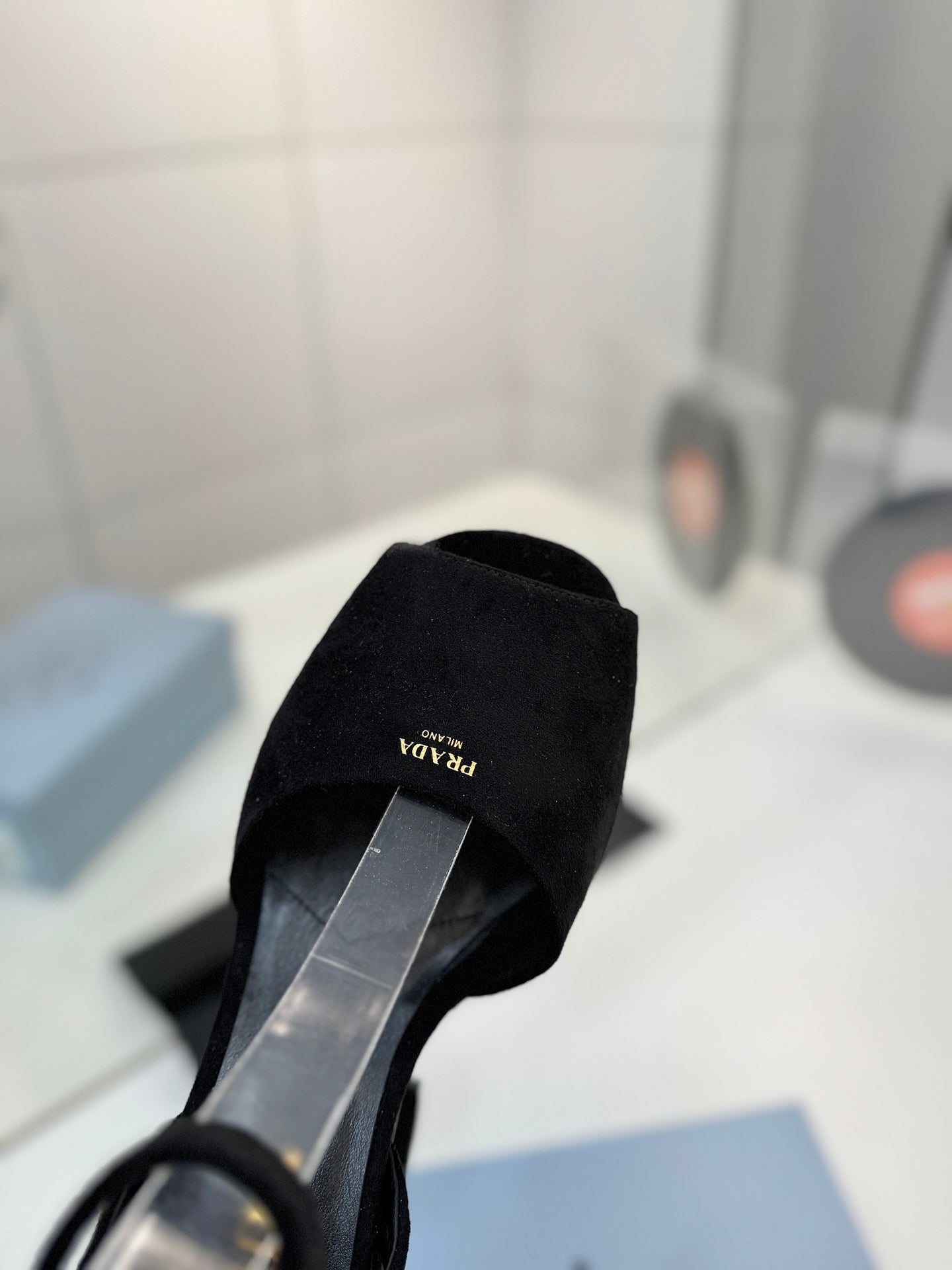 PRADA 26S HEELED SANDALS 115MM IN BLACK SUEDE