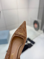 PRADA 26S PUMPS 55MM IN CARAMEL BROWN SUEDE WITH LOGO
