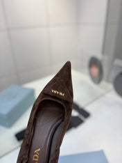 PRADA 26S PUMPS 55MM IN DARK BROWN SUEDE WITH LOGO