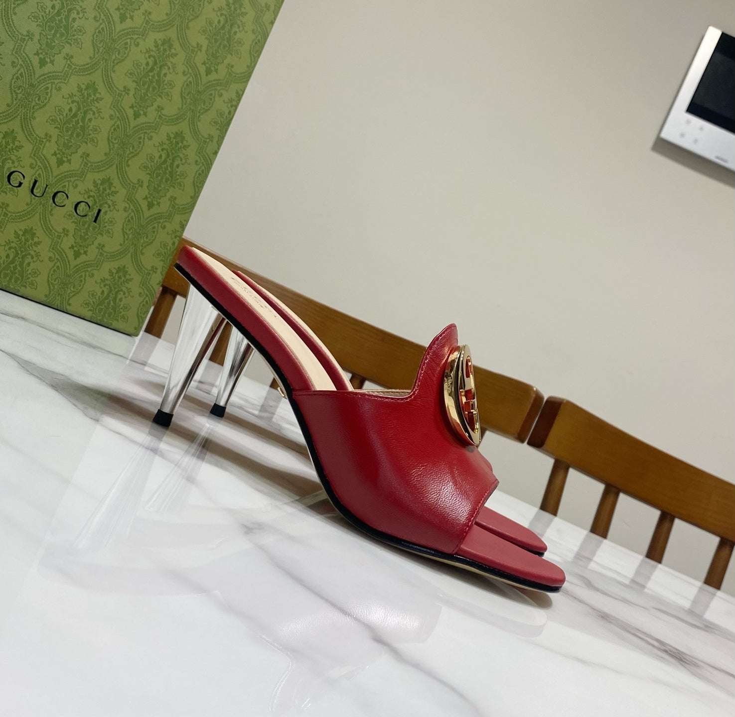 GG HIGH HEELS BLONDIE 75 IN RED LAMBSKIN WITH GOLD HARDWARE