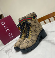 GUCCI 26S PLATFORM ANKLE BOOTS 70 MM IN BEIGE WOOL