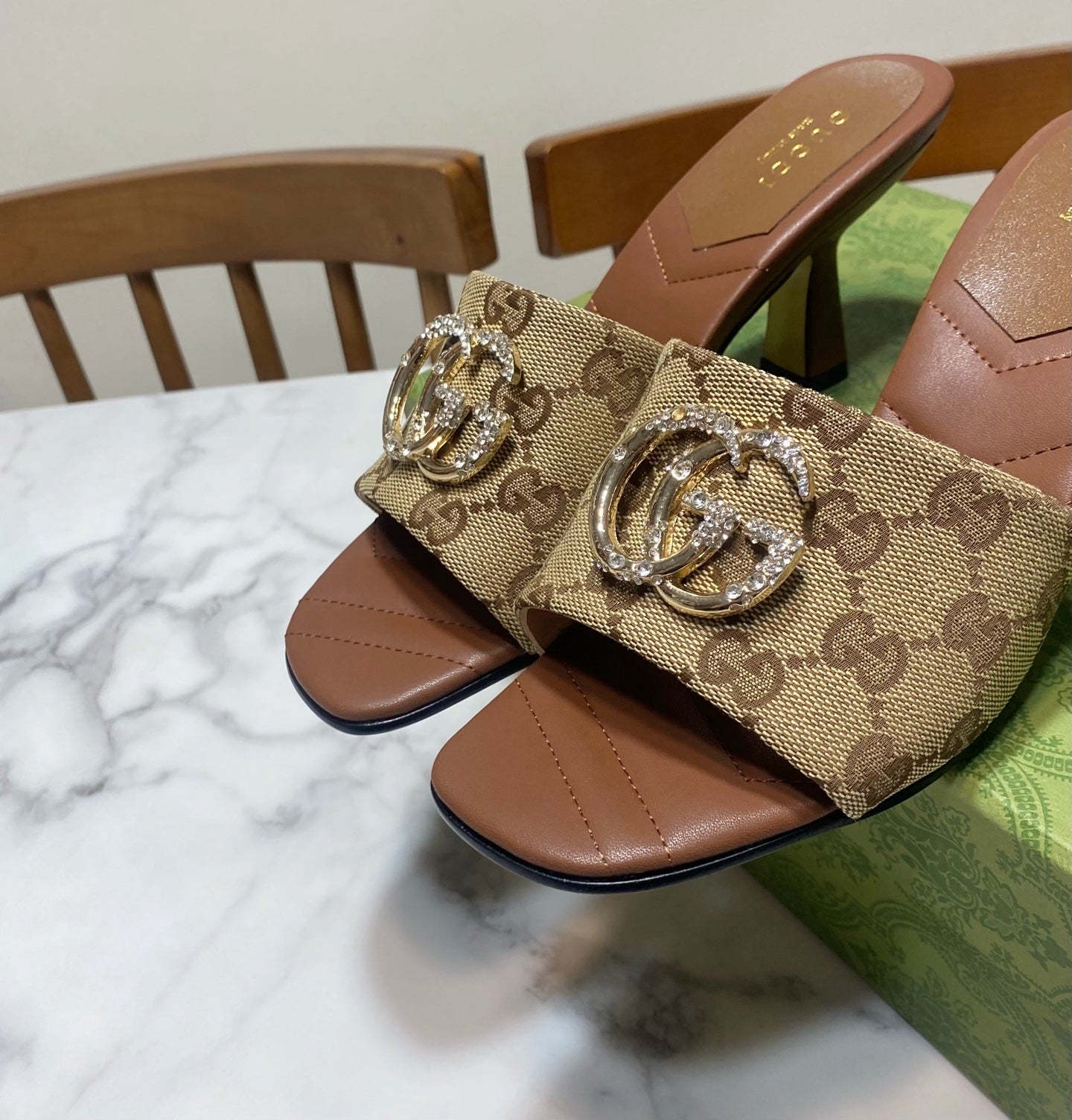GUCCI 26S HEELED SLIDES 75 MM IN SAND BROWN CANVAS AND LAMBSKIN