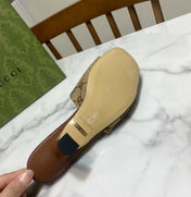 GUCCI 26S HEELED SLIDES 75 MM IN SAND BROWN CANVAS AND LAMBSKIN