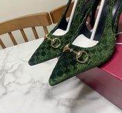 GUCCI 26S SLINGBACK HEELS 85 MM IN DARK GREEN VELVET