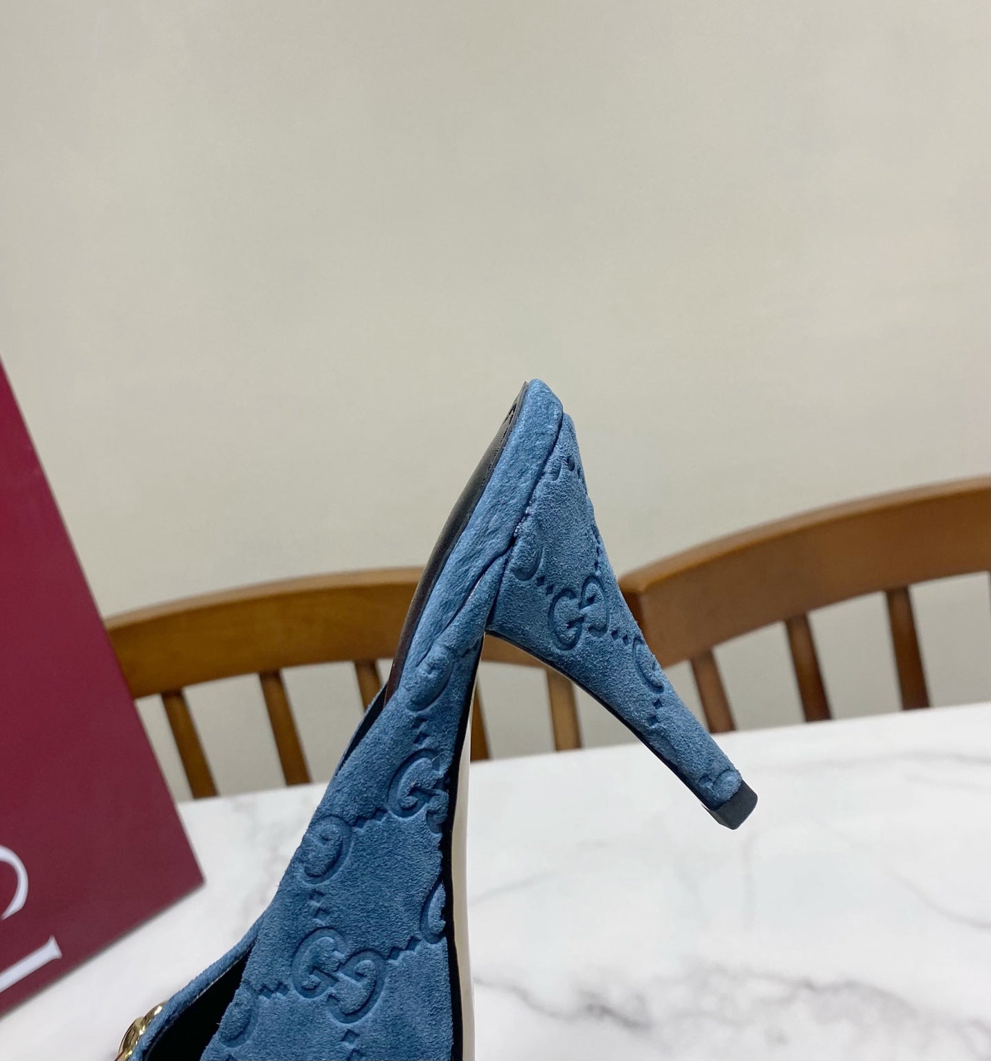 GUCCI 26S HEELED MULES 85 MM IN BLUE SUEDE